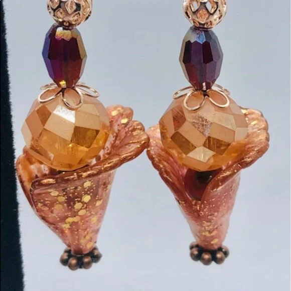 🎁⭐️Hand painted boho watercolor earrings-peach and copper drop - Picture 4 of 9